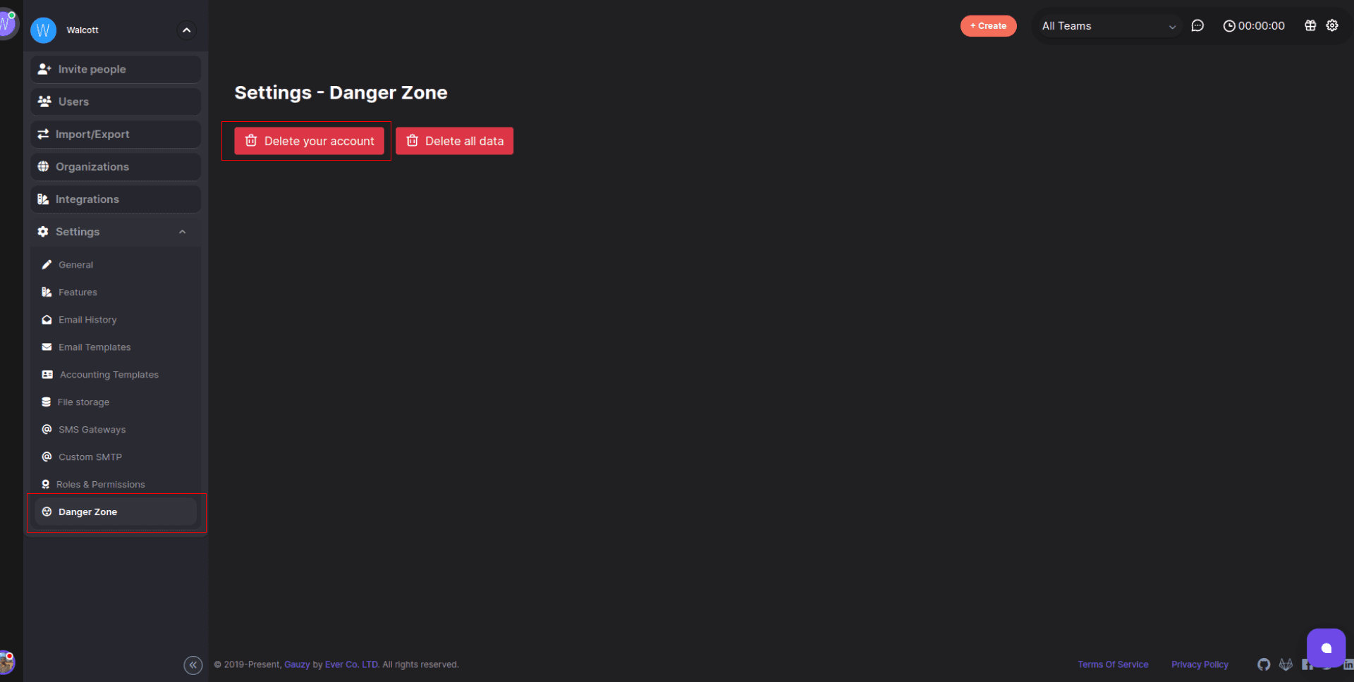 Open the 'Settings' menu, to find the delete zone.