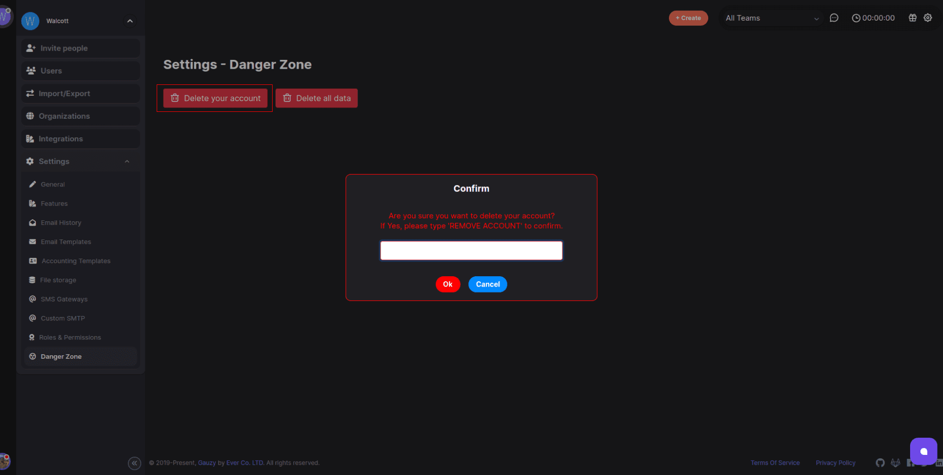 You'll see two buttons on the 'Danger Zone' page